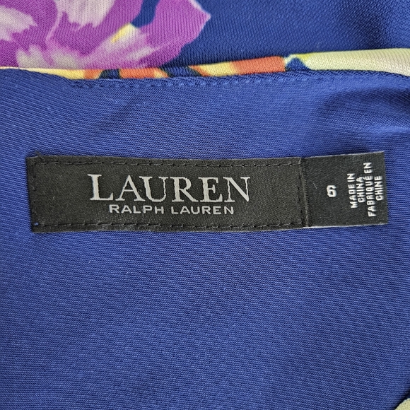 LRL Ralph Lauren Faux Wrap Fit Flare Dress Blue Floral Short Sleeve V Neck Zip 6 - Picture 8 of 11